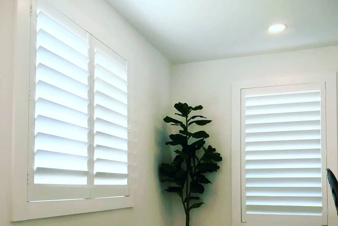 American-made plantation shutters White Louver Shop LouverWood™ Plantation Shutters in Seating Area