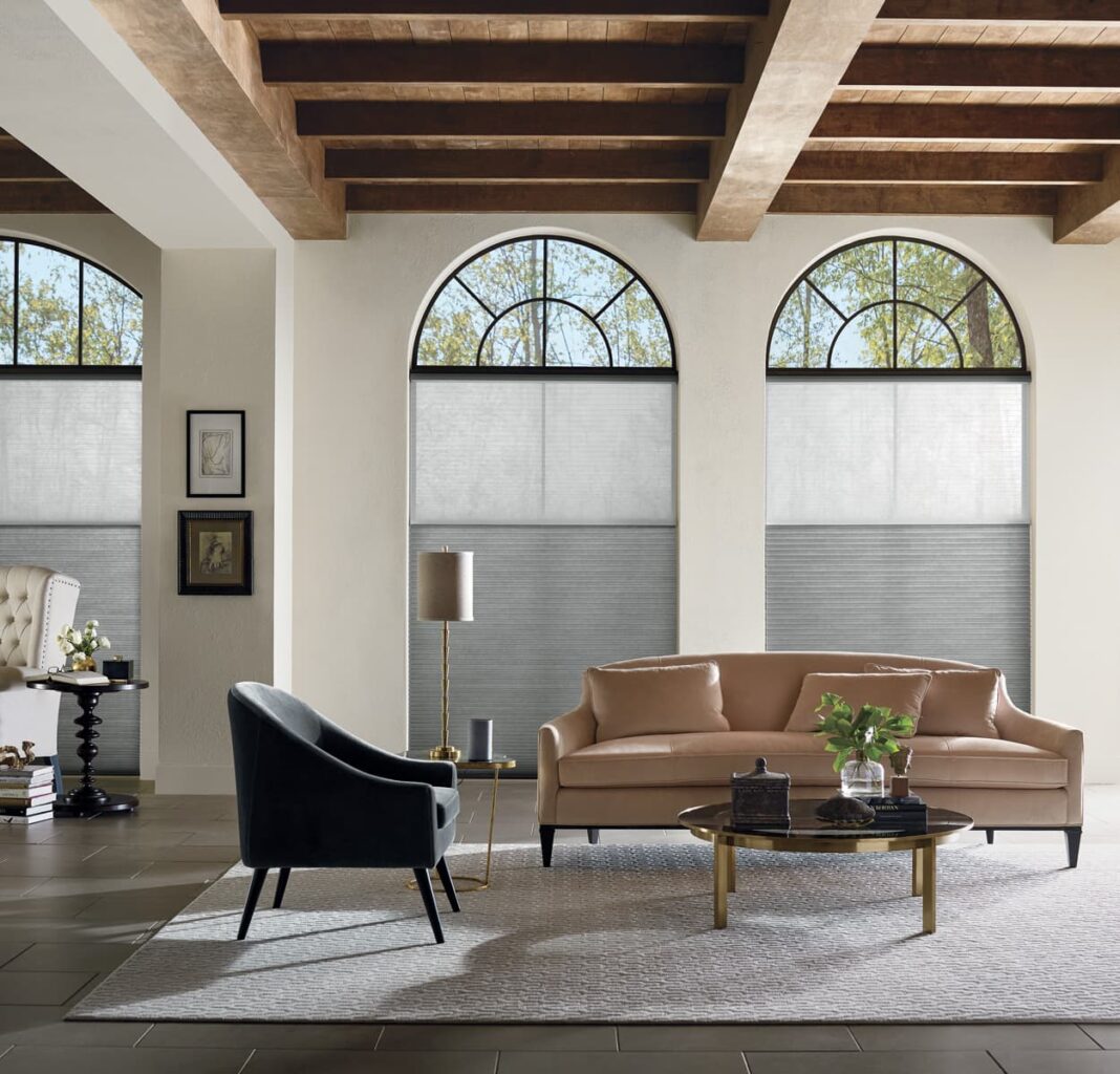 Applause Honeycomb Shades duolite crystalline vintage living room Applause Honeycomb Shades