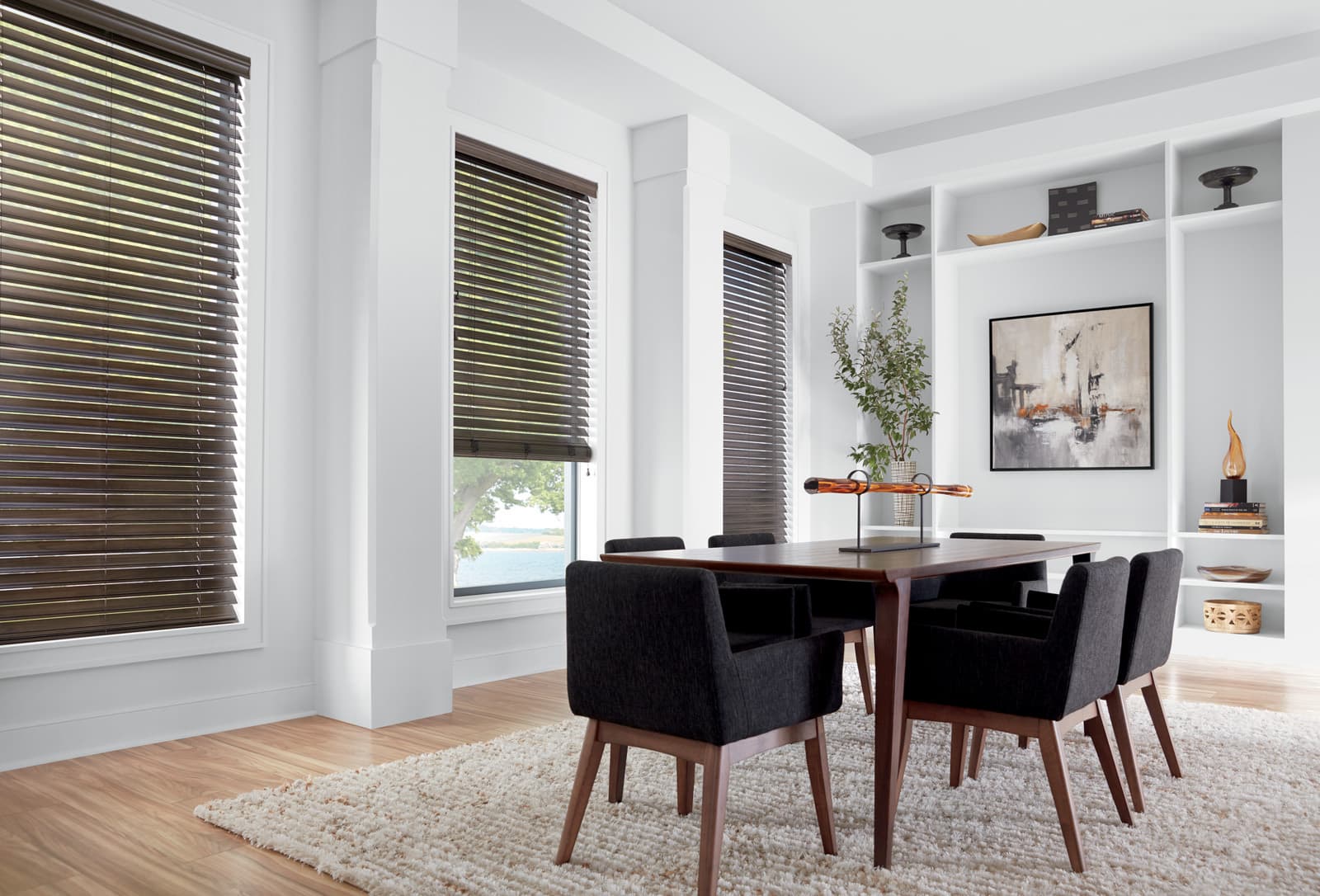 Everwood Alternative Wood Blinds cordlock patina dining room Everwood Faux Wood Blinds