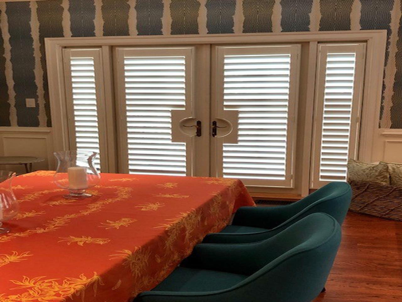 French Doors and sidelights with plantation shutters