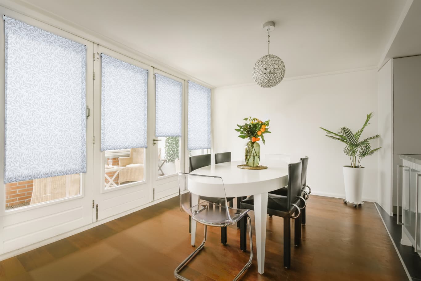 Light colored Designer Screen Shades in a living room