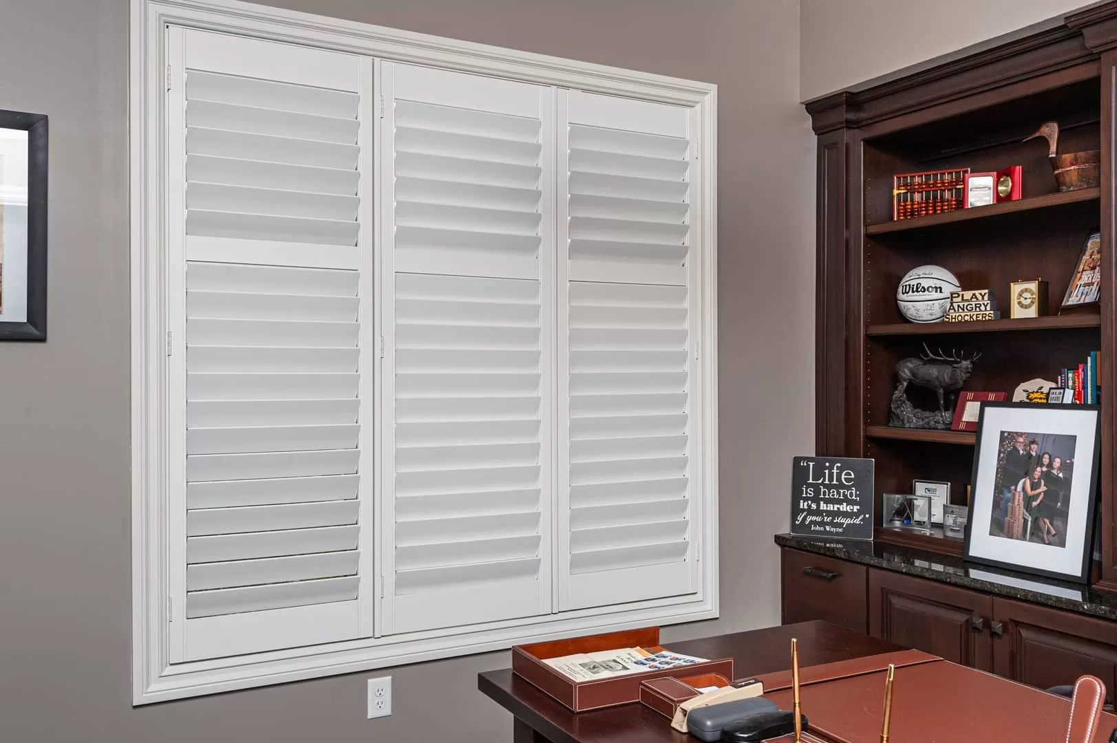 Louver Shop Heritage Wood Shutters installation - Home Office - Wichita 2024 - 010 home office with hardwood plantation shutters