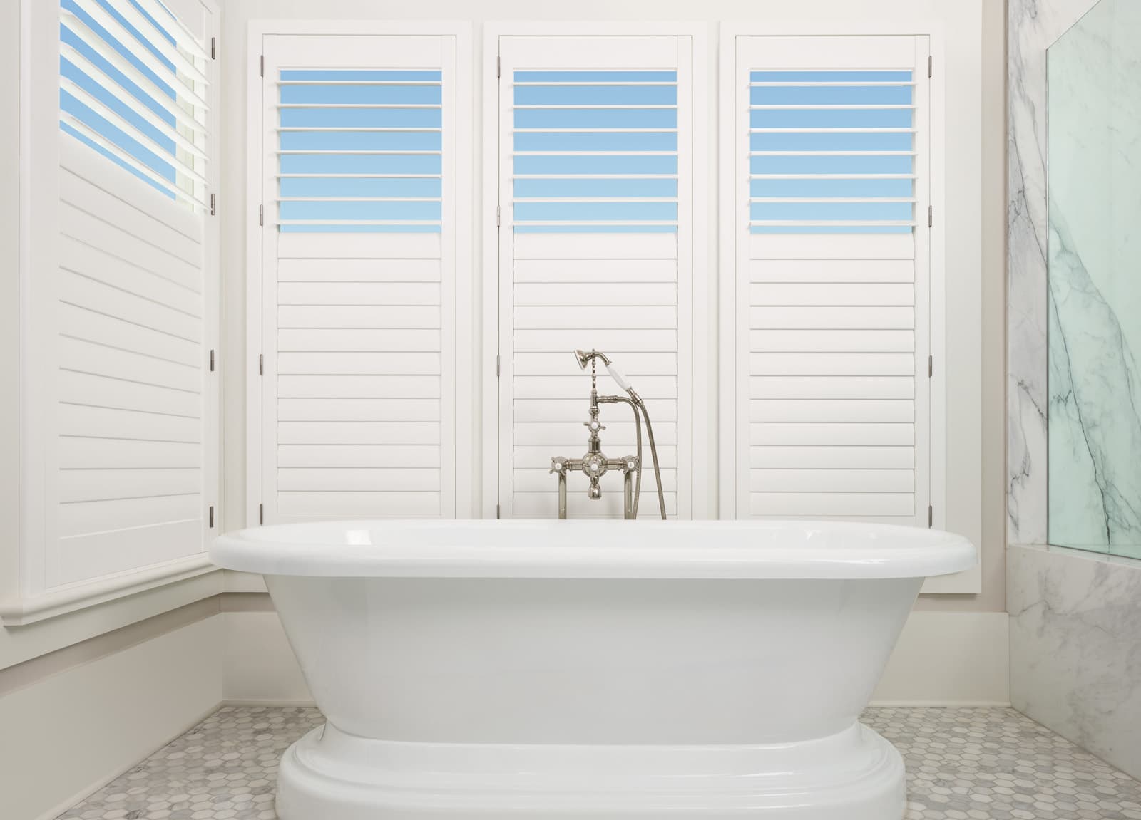Palm Beach Polysatin Shutters standardpanels bathroom bath split tilt Palm Beach Polysatin Shutters