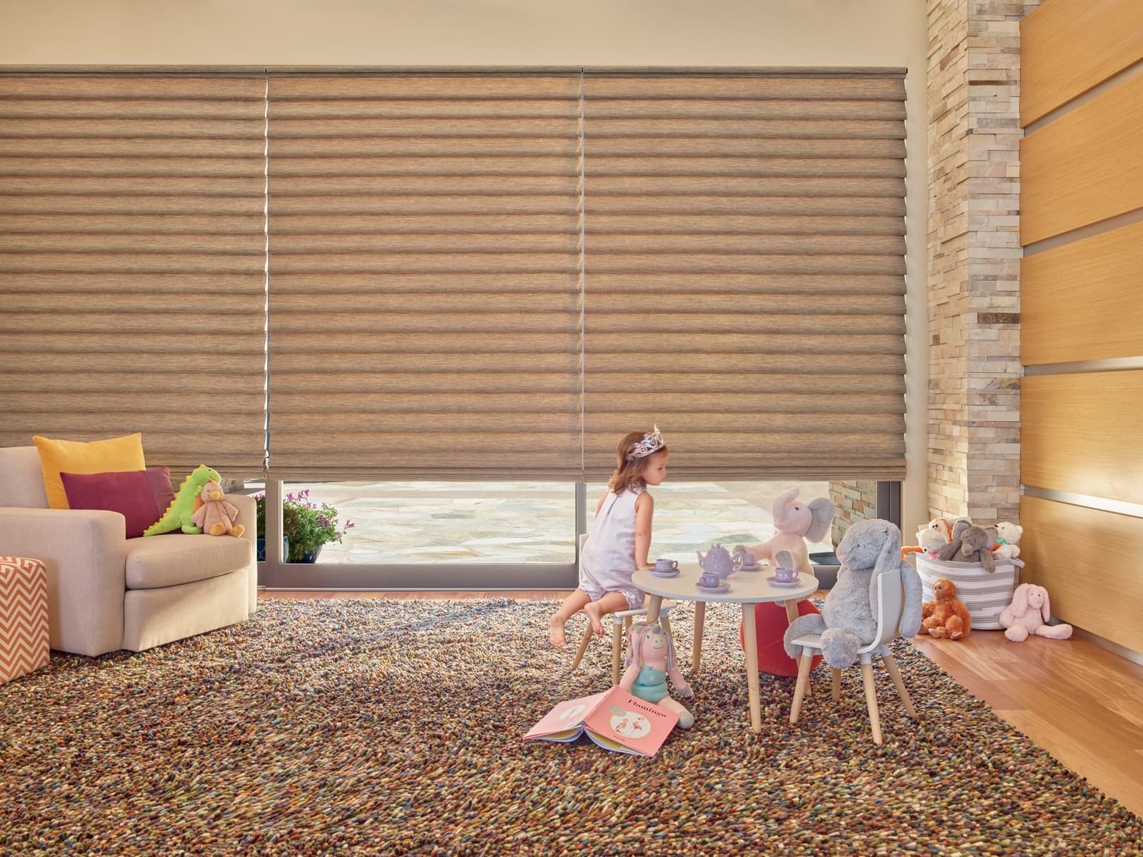 modern Roman shades in a young girl's playroom