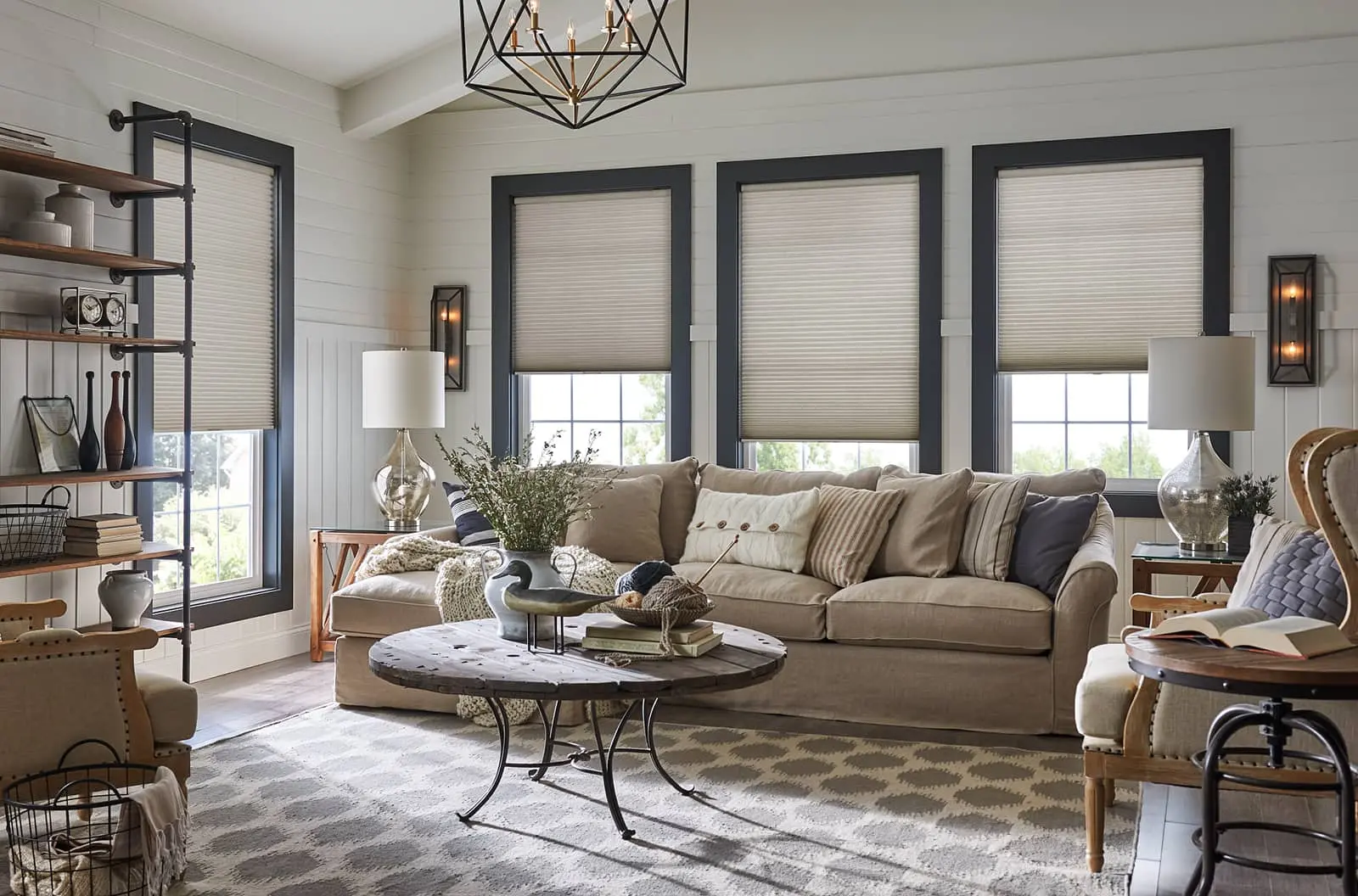 farmhouse living room with cellular honeycomb shades