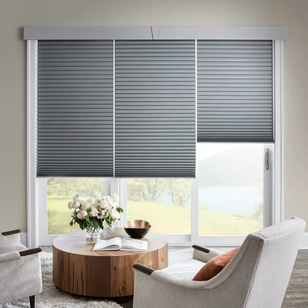 grey honeycomb shades in a modern sitting room