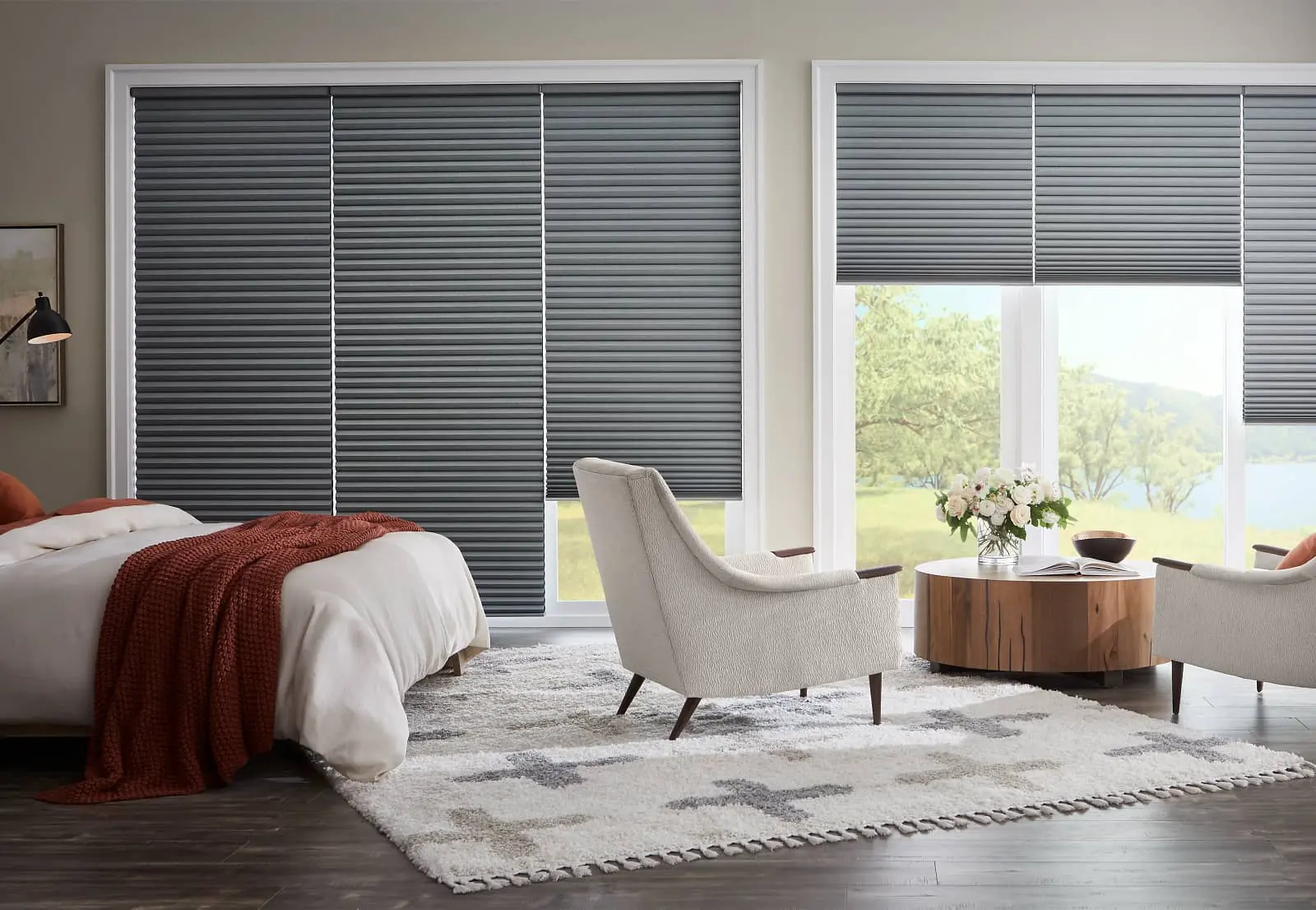 Luminette Privacy Sheers angelica fabric detail grey honeycomb shades on large bedroom windows