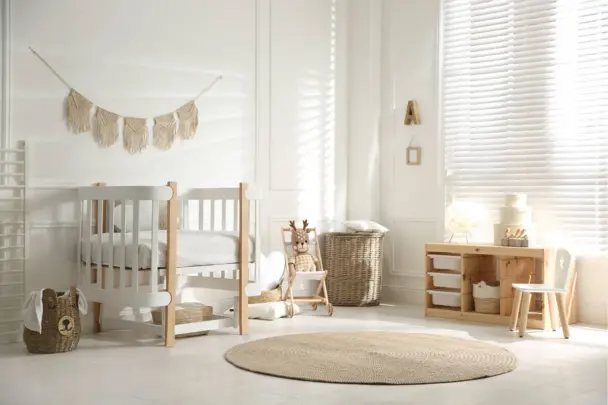 white cordless blinds in a nursery